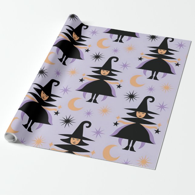 Cute Witch Mönster - Whimsical Witches with Stars. Presentpapper (Utrullad)