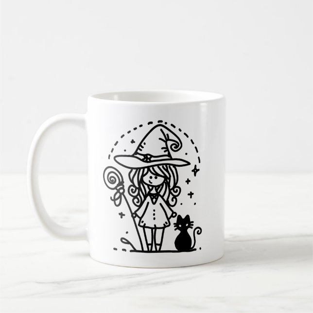 Cute Witch och Black Cat Doodle Kaffemugg (Vänster)