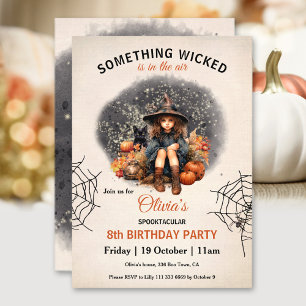 Cute Witch och Cat Halloween Girls Birthday Inbjudningar