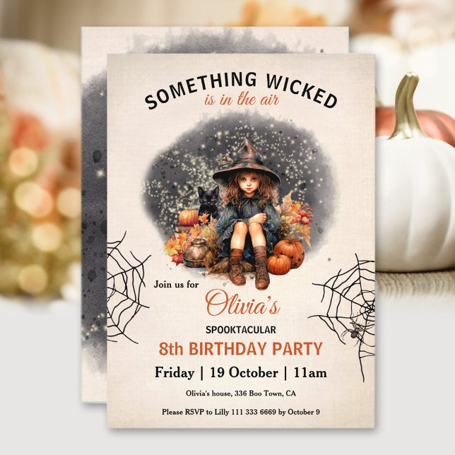 Cute Witch och Cat Halloween Girls Birthday Inbjudningar (Cute Witch and Cat Halloween Girls' Birthday Invitation)