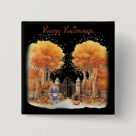 Cute Witch och Cat utanför Grind Halloween Knapp