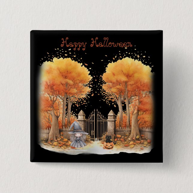 Cute Witch och Cat utanför Grind Halloween Knapp (Framsida)