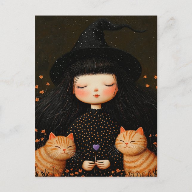 Cute Witch och Cats Halloween-vykort Vykort (Framsida)