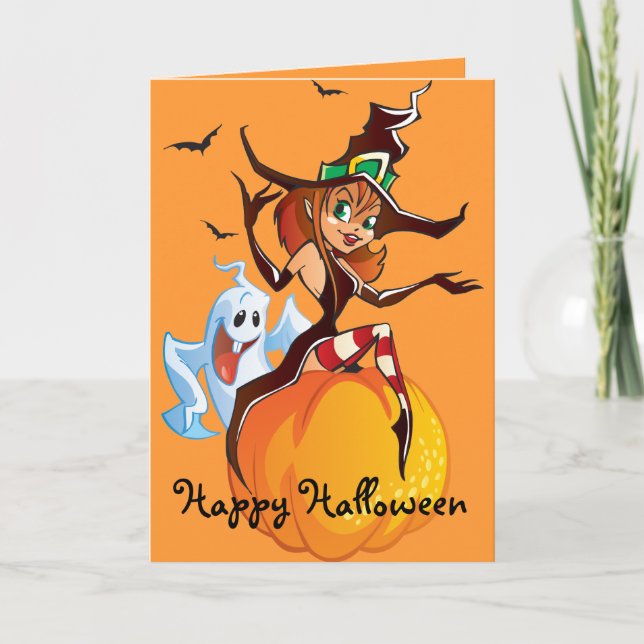 Cute Witch och Ghost Halloween Card Kort (Framsida)