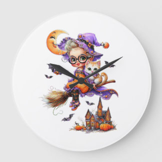 Cute Witch och Kitten på ett rum Stor Klocka