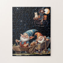 Cute Witch och Lycklig Gnomes in Starry Nght Puzzl