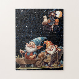Cute Witch och Lycklig Gnomes in Starry Nght Puzzl Pussel