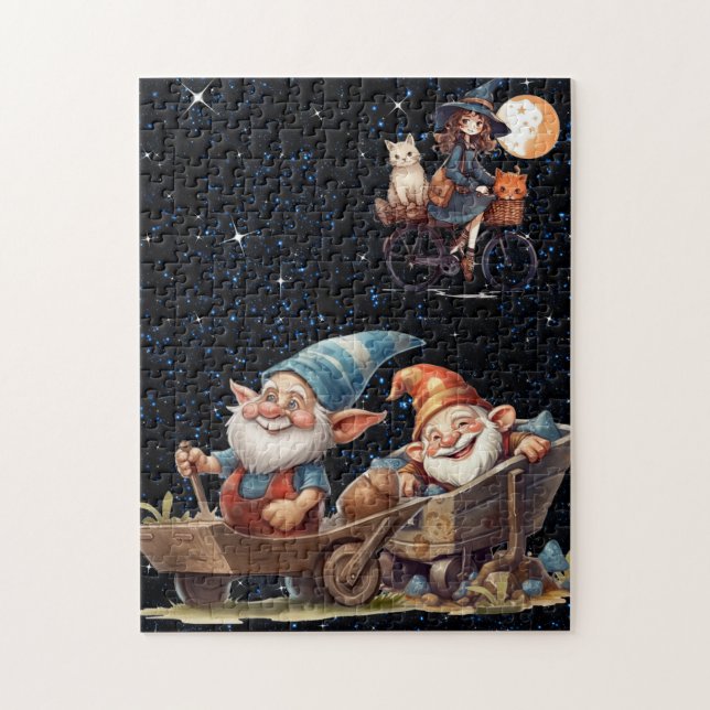 Cute Witch och Lycklig Gnomes in Starry Nght Puzzl Pussel (Vertikal)