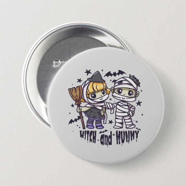 Cute Witch och Mummy Knapp (Framsida & baksida)