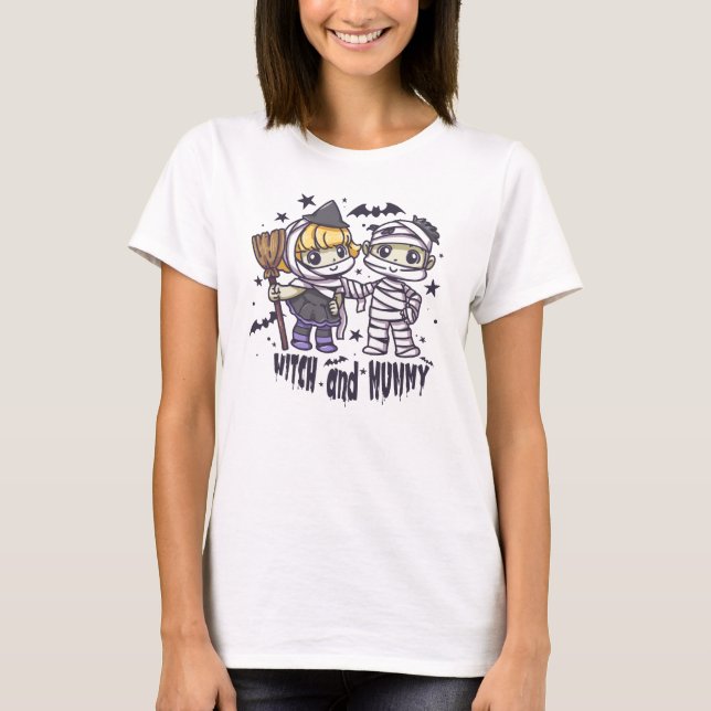 Cute Witch och Mummy T Shirt (Framsida)