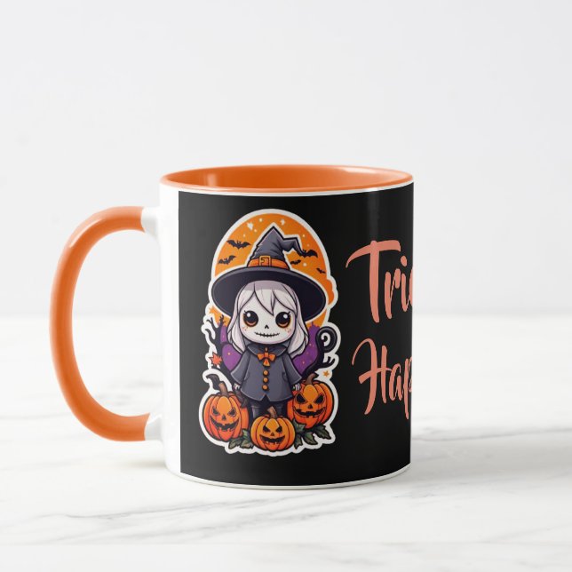 Cute Witch och pumkin Halloween bus eller godis Mugg (Vänster)