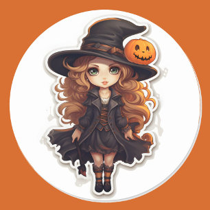 Cute Witch och Pumpkin Halloween Bus eller godis Runt Klistermärke