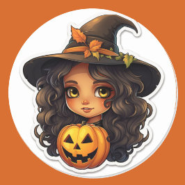 Cute Witch och Pumpkin Halloween Runt Klistermärke