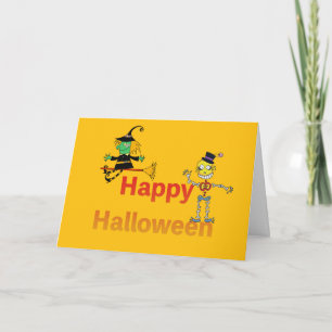Cute Witch och Skeleton Halloween Roligt Kort