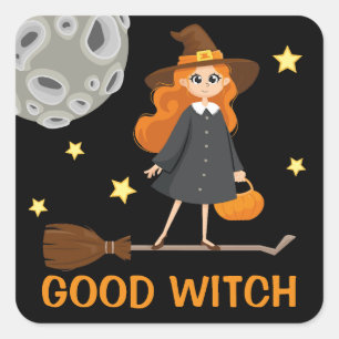 Cute Witch på Broom Tecknad Funny School Halloween Fyrkantigt Klistermärke