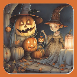 Cute Witch Pumpkin Halloween Fladdermus Fyrkantigt Klistermärke