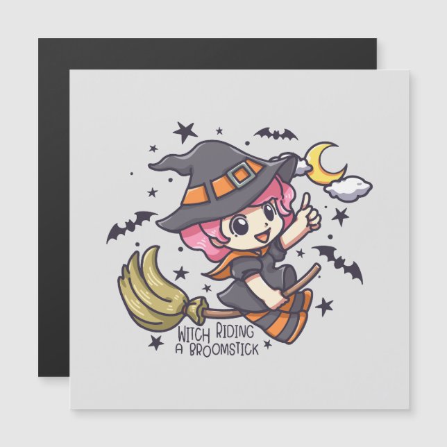 Cute Witch Riding A Broomstick (Fram/baksida)
