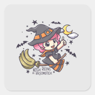Cute Witch Riding A Broomstick Fyrkantigt Klistermärke