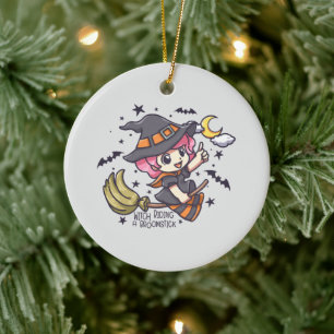 Cute Witch Riding A Broomstick Julgransprydnad Keramik
