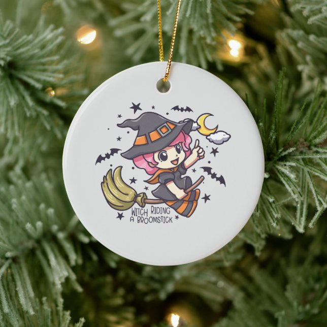 Cute Witch Riding A Broomstick Julgransprydnad Keramik (Träd)