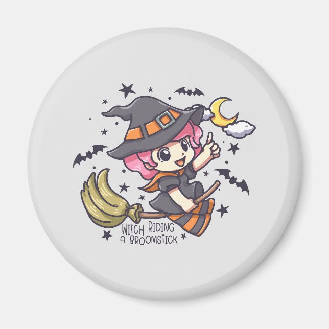Cute Witch Riding A Broomstick Magnet (Framsidan)