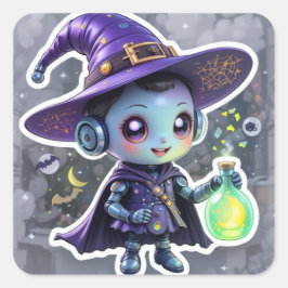 Cute Witch Robot Sticker Magic Halloween Sci-Fi Fyrkantigt Klistermärke