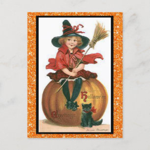 Cute Witch Sitta på en Pumpkin med Black Cat Vykort