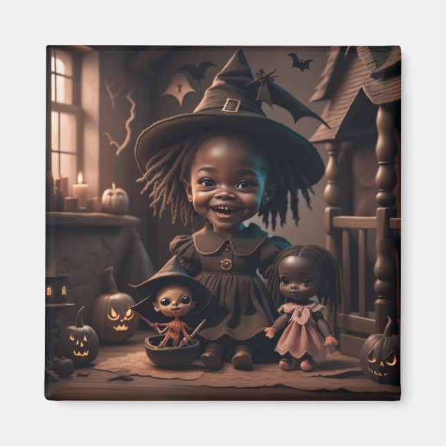 Cute Witch spelar med sina dockor Magnet (Framsidan)