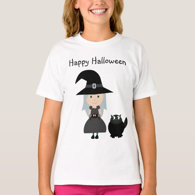 Cute Witch, Spider & Cat Happy halloween T-Shirt (Framsida)