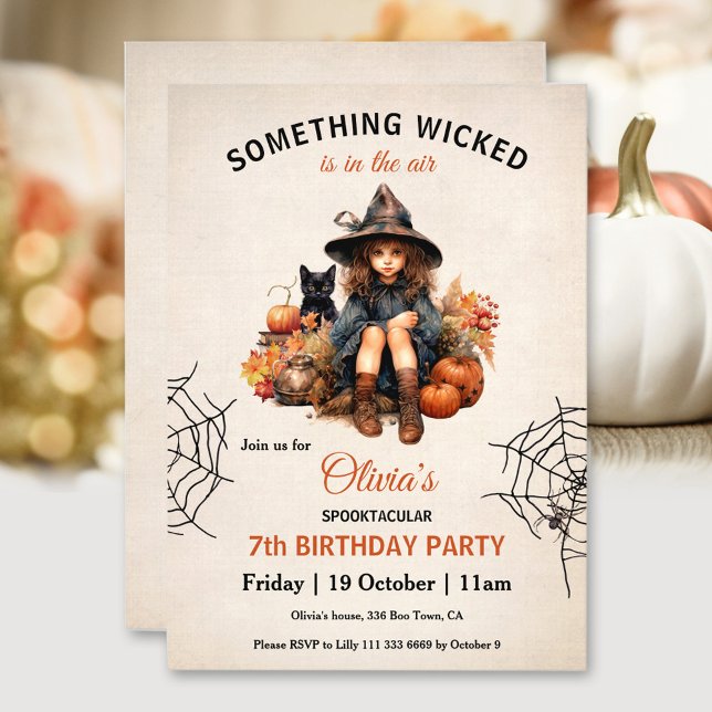 Cute Witch Spider Halloween Girls födelsedag Inbjudningar (Cute Witch Spider Halloween Girls' Birthday Invitation)