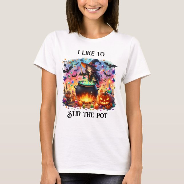 Cute Witch Stirring Cauldron T Shirt (Framsida)