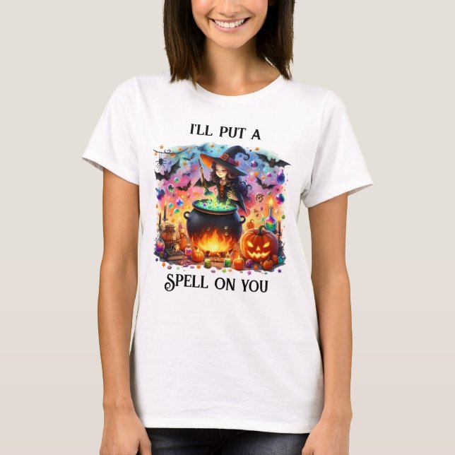 Cute Witch Stirring Cauldron T Shirt (Framsida)