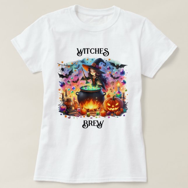 Cute Witch Stirring Cauldron T Shirt (Design framsida)