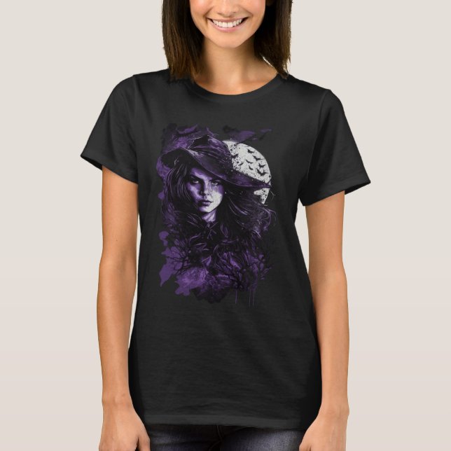 Cute Witch Wiccan Wicca Pagan Girl under Full Moon T Shirt (Framsida)