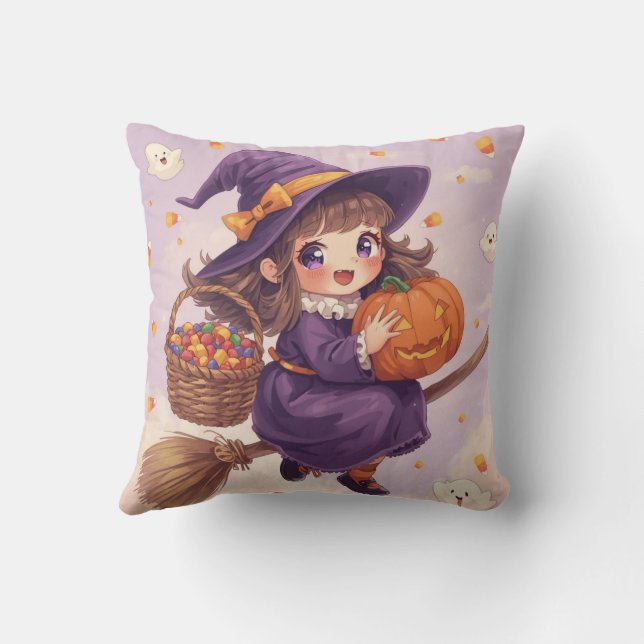 Cute Witch with Pumpkin Halloween Pillow Kudde (Baksida)