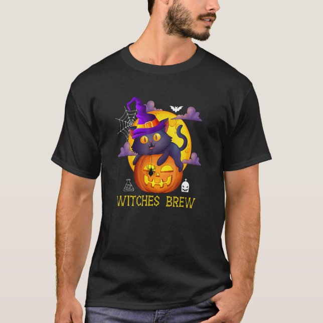 Cute Witches Brew Black Cat And Pumpkin Halloween  T Shirt (Framsida)