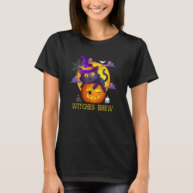 Cute Witches Brew Black Cat And Pumpkin Halloween  T Shirt (Framsida)