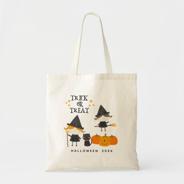 Cute witches och Pumpkin bus eller godis halloween Tygkasse (Framsidan)