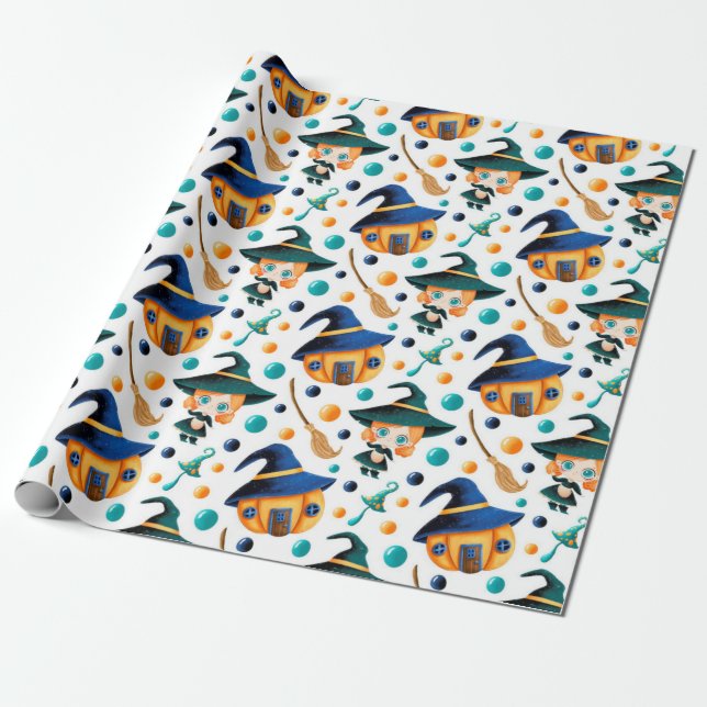 Cute Witches Pumpkin House Mönster Presentpapper (Utrullad)