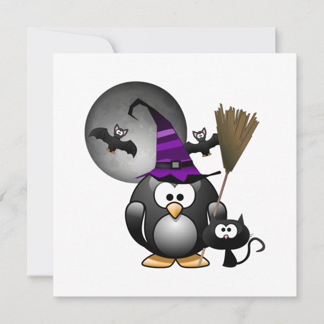 Cute Witchy Penguin med Halloween Scene Inbjudningar (Framsida)