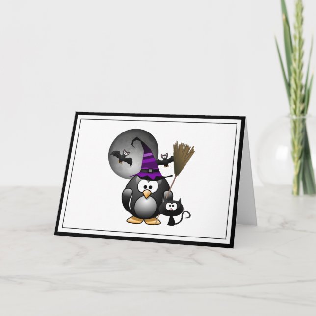 Cute Witchy Penguin med Halloween Scene Kort (Framsida)