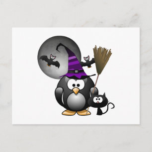 Cute Witchy Penguin med Halloween Scene Vykort