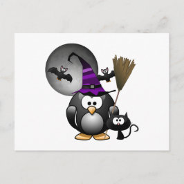 Cute Witchy Penguin med Halloween Scene Vykort