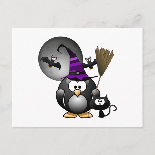Cute Witchy Penguin med Halloween Scene Vykort (Framsida)