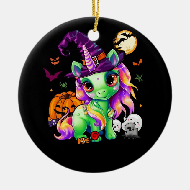 Cute Witchy Unicorn Halloween Witch Zombie Pumpkin Julgransprydnad Keramik (Framsidan)