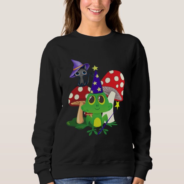 Cute Wizard Frog and Witch Black Cat Mushrooms Hal T Shirt (Framsida)