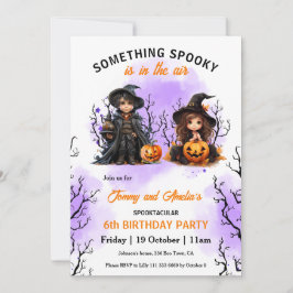 Cute Wizard och Witch Twin Halloween Birthday Inbjudningar