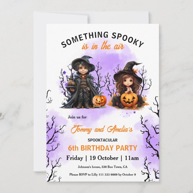 Cute Wizard och Witch Twin Halloween Birthday Inbjudningar (Framsida)
