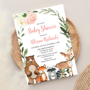 Cute Woland animals blommigt girl Baby dusch Inbjudningar