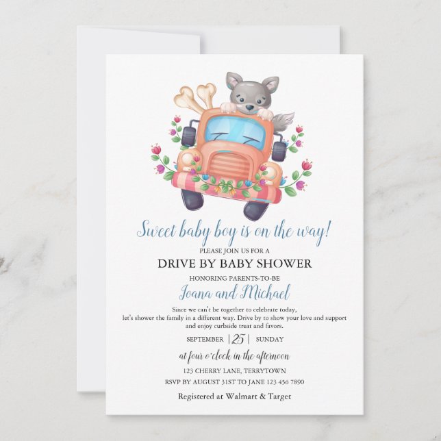 Cute Wolf Boy Baby Shower Drive Through   Inbjudningar (Framsida)